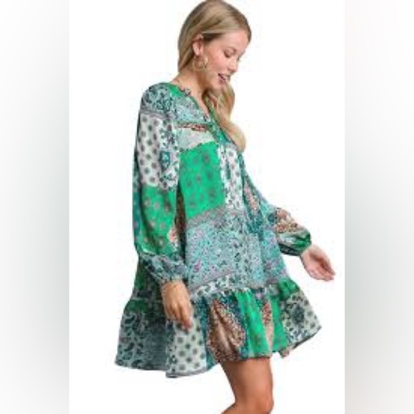 Umgee Dresses & Skirts - 166 - Umgee NWT Green Patchwork Long Sleeve Dress, Size Small - Large